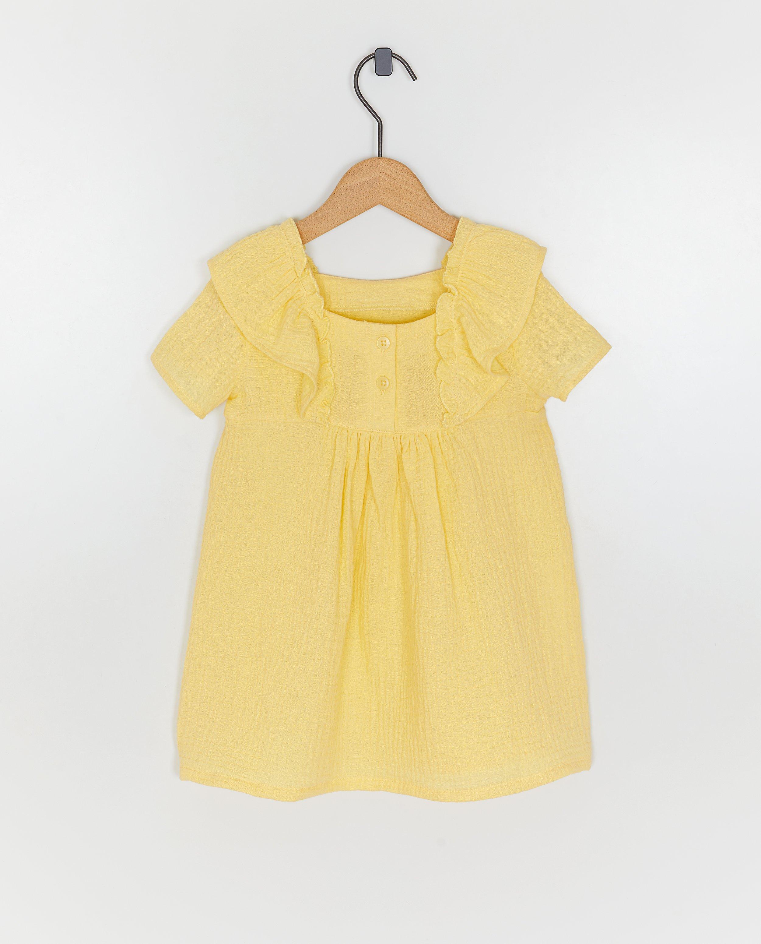 Robe en t&eacute;tra avec des manches &agrave; volant, 62-98 - D&eacute;tails du produit - jaune claire - image num&eacute;ro 2