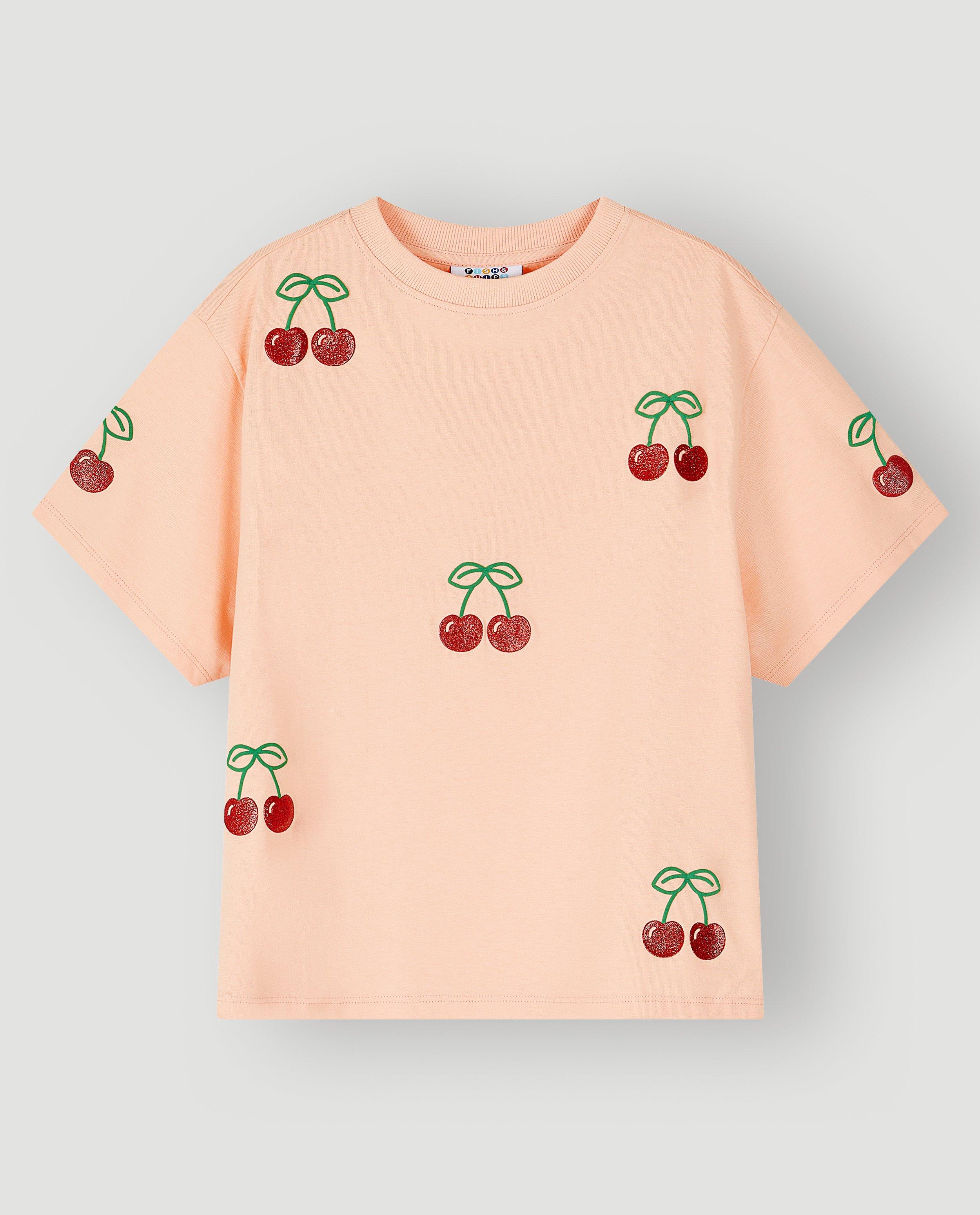 T-shirt &agrave; imprim&eacute; &agrave; cerises en relief, oversized fit - D&eacute;tails du produit - orange clair - image num&eacute;ro 4
