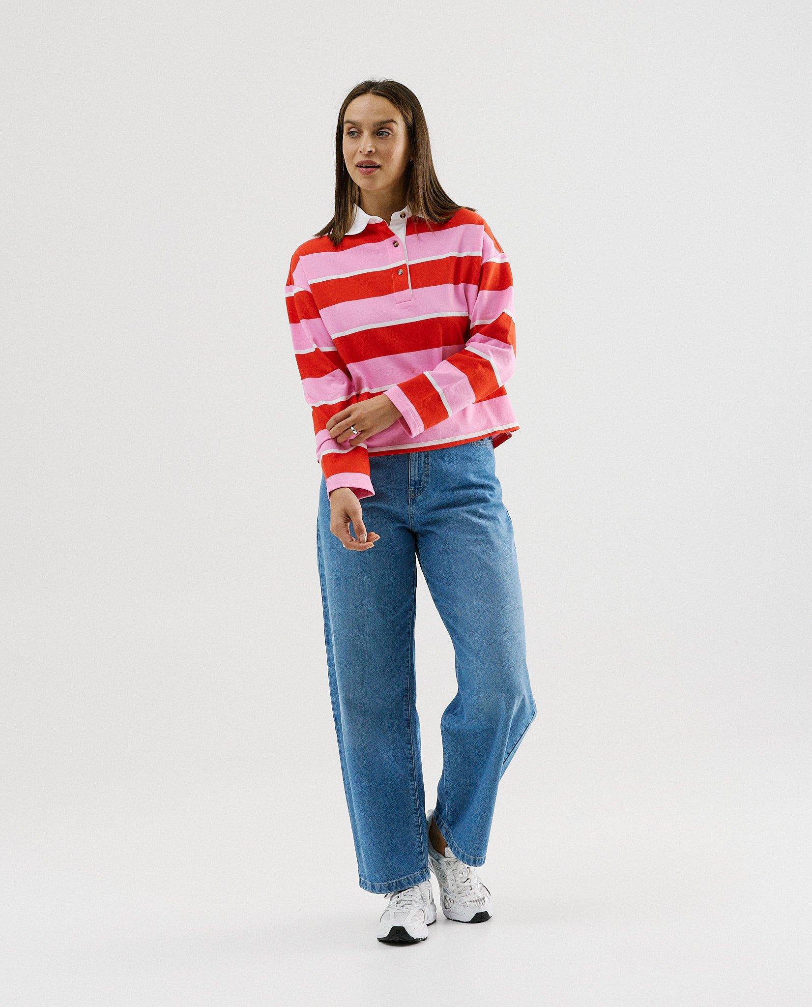 Rugbypolo met strepen, loose fit - Product Detail - felrood - afbeelding nummer 3