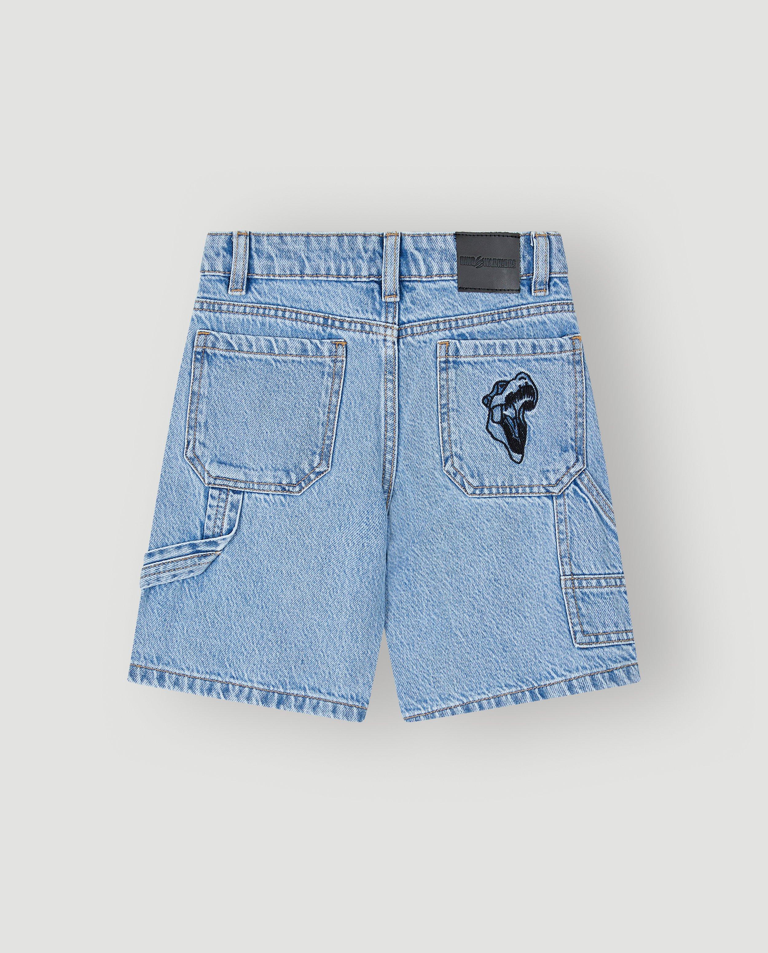 Short en jean avec dinosaure brod&eacute;, coupe loose, 104-152 - D&eacute;tails du produit - bleu clair - image num&eacute;ro 6